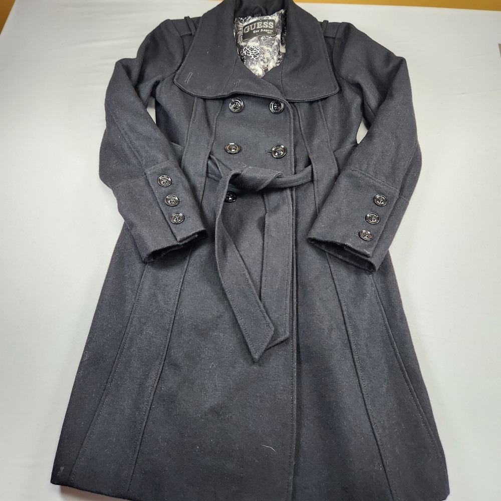GUESS Women's Wool Blend Long Belted Coat Charcoal Gray Button Front Size M